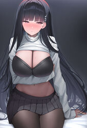  arm_support arm_under_breasts black_bra black_hair black_pantyhose black_skirt blue_archive blush bra breasts bright_pupils cleavage clothes_lift female highres large_breasts long_hair long_sleeves navel pantyhose pink_pupils pleated_skirt red_eyes rio_(blue_archive) shirt shirt_lift shougun_(chuckni1) sitting skirt solo stomach straight_hair sweat sweater turtleneck turtleneck_sweater underwear very_long_hair white_shirt white_sweater 