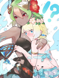  !? 2girls armlet ass assertive assertive_female between_breasts bikini black_swimsuit blonde_hair blue_bikini blue_eyes blue_hair blush breast_press breasts chocolate_and_vanilla cleavage dark_skin earrings face_in_breasts fire_emblem fire_emblem_heroes fjorm_(fire_emblem) fjorm_(summer)_(fire_emblem) flower full-face_blush girlfriends gradient_hair green_hair hair_between_eyes hair_flower hair_ornament head_between_breasts head_wreath hibiscus highres holding_close hug interracial_yuri jewelry laegjarn_(fire_emblem) laegjarn_(summer)_(fire_emblem) large_breasts looking_away looking_to_the_side multicolored_hair multiple_girls nintendo one-piece_swimsuit orange_hair red_eyes red_flower sakuramotikun short_hair sweatdrop swimsuit water weapon white_background yuri 