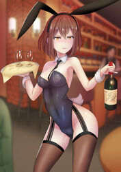  1boy absurdres animal_ears armpits bar_stool black_necktie blush bottle breasts brown_eyes brown_hair cleavage covered_navel cup detached_collar drinking_glass female garter_straps groin_tendon hair_between_eyes highres korean_commentary livingdead_(wmg7776) medium_breasts navel necktie original pinky_out playboy_bunny rabbit_ears rabbit_tail restaurant sconce scowl short_hair stool table tail thighhighs thighs tray wine_bottle wine_glass wrist_cuffs 