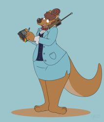  absurd_res big_tail bottomwear bow_tie brown_body brown_fur cellphone clothing electronics fur hair hi_res kangaroo macropod mammal markings marsupial mole_(marking) phone red_hair skirt slightly_chubby snout tail tanya_(wot) thick_thighs wot 