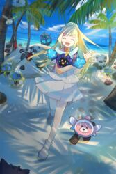  :d asagi1111 backpack bag blonde_hair closed_eyes cloud commentary_request cosmog cutiefly day dewpider dhelmise eyelashes female highres holding holding_pokemon lillie_(pokemon) long_hair open_mouth outdoors palm_tree pleated_skirt pokemon pokemon_(creature) pokemon_sm pyukumuku sand sandygast shirt shoes short_sleeves skirt sky smile socks standing stufful tongue tree white_footwear white_legwear white_shirt white_skirt 