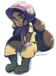  :o bonnet boots bright_pupils brown_hair commentary eyelashes female full_body gloves grey_gloves hapu_(pokemon) jumpsuit long_hair looking_at_viewer momoji_(lobolobo2010) open_mouth pokemon pokemon_sm purple_eyes purple_headwear short_sleeves sitting solo thick_eyebrows tongue twintails twitter_username white_pupils yellow_jumpsuit 