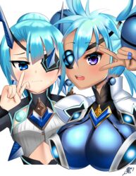  2girls :d aqua_hair blue_eyes blush breasts chest_jewel dark-skinned_female dark_skin earrings eyepatch hair_between_eyes highres horns ice_horns jewelry kame_kame_happa large_breasts multiple_girls open_mouth praxis_(xenoblade) purple_eyes simple_background single_horn small_breasts smile theory_(xenoblade) upper_body v wavy_mouth white_background xenoblade_chronicles_(series) xenoblade_chronicles_2 