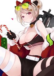  absurdres blush bow box breasts brown_hair bullpup bursting_breasts candy candy_cane choker cleavage commission eyewear_on_head female food gift gift_box girls&#039;_frontline gun hairbow highres holding holding_candy holding_candy_cane holding_food ohichi16 p90 p90_(girls&#039;_frontline) p90_(scarlet_turbo)_(girls&#039;_frontline) red_eyes skeb_commission solo spread_legs submachine_gun sweatdrop weapon 