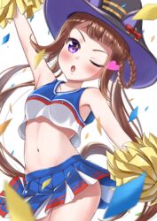  absurdres akanehiiro alternate_costume arm_up armpits breasts brown_hair cheerleader collarbone confetti female hair_rings hat heart highres horse_girl looking_at_viewer navel one_eye_closed open_mouth pom_pom_(cheerleading) simple_background small_breasts solo sweep_tosho_(umamusume) umamusume white_background witch_hat 