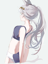  absurdres animal_ears ass bare_arms bare_shoulders black_buruma blush breasts buruma closed_mouth commentary_request female grey_background grey_eyes grey_hair ha_(hura76752775) highres horse_ears horse_girl horse_tail medium_breasts multicolored_hair oguri_cap_(umamusume) ponytail profile race_bib simple_background solo tail two-tone_hair umamusume white_hair 