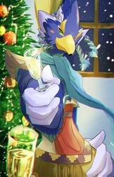  anthro avian beak blue_body blue_feathers braided_hair breath_of_the_wild champagne_glass chikichikitaron christmas container cup drinking_glass eyebrows feathers glass glass_container glass_cup green_eyes hair hi_res holidays male nintendo revali rito scarf solo the_legend_of_zelda thick_eyebrows 