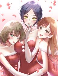  3girls ayn_(ayn_kau) bare_shoulders blue_eyes blue_hair breasts brown_eyes brown_hair cleavage collarbone dress earrings elbow_gloves fur-trimmed_dress fur_trim gloves green_eyes green_hair hand_on_own_chin hayami_kanade heterochromia highres idolmaster idolmaster_cinderella_girls jewelry large_breasts long_hair looking_at_viewer medium_breasts mole mole_under_eye multiple_girls nitta_minami open_mouth parted_bangs santa_costume short_hair simple_background smile takagaki_kaede white_gloves yellow_eyes 