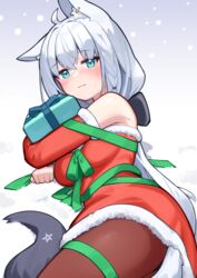  ahoge alternate_costume animal_ears blue_eyes blush box breasts brown_pantyhose christmas commentary_request deaver detached_sleeves dress female fox_ears fox_girl fox_tail fur-trimmed_dress fur-trimmed_sleeves fur_trim gift gift_box green_ribbons highres holding holding_gift hololive long_hair looking_at_viewer lying medium_breasts on_side pantyhose ribbon santa_dress shirakami_fubuki snow solo tail virtual_youtuber white_hair 