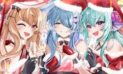  3girls aqua_hair bare_shoulders black_bow black_bowtie black_gloves blonde_hair blue_eyes blue_hair blush bow bowtie breasts champagne_flute christmas cleavage collar cup dress drinking_glass earrings elira_pendora finana_ryugu fingerless_gloves fins flower fur-trimmed_dress fur-trimmed_headwear fur_collar fur_trim gloves hair_between_eyes hair_flower hair_ornament hair_over_one_eye hairclip hat head_fins highres holding holding_cup jewelry lacia_everlight lazulight long_hair multiple_girls nijisanji nijisanji_en one_eye_closed open_mouth pink_flower pointy_ears pomu_rainpuff purple_eyes red_dress red_eyes red_gloves red_headwear santa_dress santa_hat smile teeth upper_teeth_only virtual_youtuber white_collar 