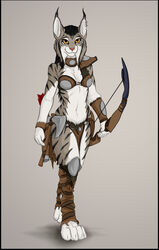  anthro arrow_(weapon) axe bow_(weapon) ear_piercing ear_ring felid feline female hi_res lynx mammal mira_(spectronic) piercing ranged_weapon ring_piercing solo spectronic tribal weapon 