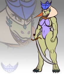  2023 absurd_res anthro armor blue_armor breasts claws digital_drawing_(artwork) digital_media_(artwork) eyelashes featureless_breasts featureless_crotch female green_body green_claws green_scales headgear headgear_only helmet helmet_only hi_res holding_melee_weapon holding_object holding_sword holding_weapon juna_june_(lizzyglizzy) lizard lizzyglizzy melee_weapon multicolored_body multicolored_scales neckwear purple_body purple_scales reptile scales scalie solo sword tan_armor thick_thighs two_tone_body two_tone_scales watermark weapon wide_hips yellow_eyes 