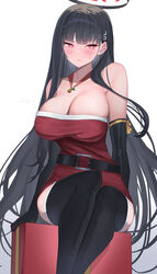  alternate_costume bare_shoulders barefoot black_gloves black_hair black_thighhighs blue_archive breasts bright_pupils cleavage closed_mouth collarbone dress elbow_gloves female gloves gradient_background halo highres large_breasts long_hair pink_pupils rio_(blue_archive) shougun_(chuckni1) simple_background sitting solo strapless strapless_dress thighhighs thighs 