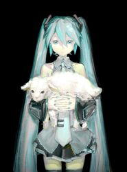  animal bare_shoulders black_background black_sleeves black_thighhighs blue_eyes blue_hair blue_nails closed_mouth collared_shirt commentary cowboy_shot detached_sleeves female grey_shirt hair_between_eyes hair_ornament half-closed_eyes hatsune_miku highres holding holding_animal interlocked_fingers lamb long_hair looking_at_viewer miniskirt ogi_(sendi03_) own_hands_together pleated_skirt sheep shirt simple_background skirt sleeveless sleeveless_shirt smile solo straight-on symbol-only_commentary thighhighs twintails very_long_hair vocaloid zettai_ryouiki 