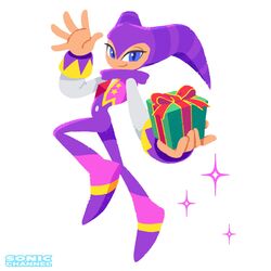  1:1 ambiguous_gender anthro blue_eyes christmas clothing floating_hands gem gift hi_res holidays humanoid jester logo long_sleeves looking_at_viewer nightmaren nights nights_into_dreams not_furry official_art purple_clothing sega simple_background smile solo sparkles star tight_clothing uno_yuuji 