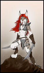  absurd_res anthro cosplay felid feline female hair hi_res lynx mammal melee_weapon mira_(spectronic) red_hair red_sonja solo spectronic sword tribal weapon 