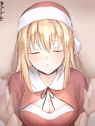  1boy absurdres alternate_costume atodashi bismarck_(kancolle) blonde_hair blush breasts christmas cleavage closed_eyes dress facing_viewer female hair_between_eyes hat highres holding_hands kantai_collection large_breasts long_hair meme parted_lips pov red_dress santa_costume santa_hat simple_background solo_focus straight twitter_username upper_body 