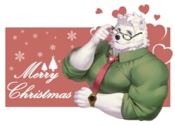  2023 anthro bear beard blue_eyes christmas clock clothing december_twilight dress_shirt english_text eyewear facial_hair fur glasses green_clothing green_shirt green_topwear hair heart_symbol hi_res holidays looking_at_viewer lowering_glasses male mammal merry_christmas muscular muscular_anthro muscular_male necktie nicholas_briant polar_bear raccoon21 red_necktie shirt solo text topwear ursine watch white_body white_fur white_hair wristwatch 