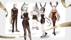  2boys 3girls amiya_(arknights) animal_ears antlers arknights artist_name bare_shoulders black_choker black_footwear black_gloves black_pants black_pantyhose black_shirt black_shorts black_thighhighs blonde_hair blue_eyes breasts brown_hair candle cat_ears cat_girl choker christmas christmas_tree christmas_tree_hair_ornament deer_antlers deer_ears deer_girl dog_boy dog_ears dog_tail dress elbow_gloves extra_ears fire gauntlets gift_hair_ornament gloves green_eyes green_hair hair_between_eyes hair_ornament hand_in_pocket highres holding holding_candle horns horse_boy horse_ears horse_tail jewelry kal&#039;tsit_(arknights) looking_at_viewer medium_breasts mlynar_(arknights) multiple_boys multiple_girls multiple_rings nanxianyiduan off-shoulder_sweater off_shoulder pants pantyhose pendant_choker ponytail rabbit_ears rabbit_girl rabbit_tail red_footwear red_sweater ribbon ring shirt short_hair shorts sidelocks single_gauntlet small_breasts smile socks standing star_(symbol) strapless strapless_dress sweater tail tequila_(arknights) thighhighs thighhighs_over_pantyhose thumb_ring viviana_(arknights) white_footwear white_socks white_sweater yellow_ribbon 