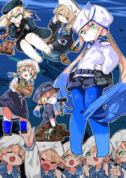  2girls 2others 6+boys :&gt; apron arm_between_legs arm_up baker_nemo_(fate) barefoot belt belt_pouch beret binoculars black_apron black_belt black_headwear black_jacket black_sailor_collar black_shirt black_shorts blue_dress blue_eyes blue_hair blue_pantyhose blue_sailor_collar blush box braid braided_ponytail brown_footwear brown_hair cabbie_hat captain_nemo_(fate) clone closed_eyes collage collared_shirt colored_tips commentary_request dirty dirty_face dress engineer_nemo_(fate) epaulettes facing_viewer fate/grand_order fate_(series) floating_hair food glaring glasses hair_over_shoulder hammer hands_on_own_hips hat hat_feather highres holding holding_box holding_hammer jacket long_dress long_hair long_shirt long_sleeves looking_at_viewer loose_socks low_twintails marine_nemo_(fate) mossgreen multicolored_hair multiple_boys multiple_girls multiple_others nemo_(fate) nurse_cap nurse_nemo_(fate) ocean oerba_yun_fang open_clothes open_jacket outline pantyhose pantyhose_under_shorts pigeon-toed pinstripe_pattern pinstripe_shirt pouch professor_nemo_(fate) profile round_eyewear sailor_collar sailor_shirt shirt shoes short_shorts short_sleeves short_twintails shorts shoulder_strap sidelocks sitting skin_fang sleeves_past_fingers sleeves_past_wrists smile socks sparkle striped turban twintails v-shaped_eyebrows very_long_hair white_headwear white_jacket white_outline white_shirt 