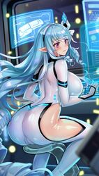  blue_eyes blush breasts female game_screenshot highres large_breasts latex long_hair looking_at_viewer non-web_source original sitting smile solo 