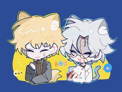  2boys :3 animal_ears atou_haruki bleeding_from_forehead blonde_hair blood blood_on_clothes blush_stickers brown_sweater cat_boy cat_ears cat_tail chibi closed_eyes dlam1 fox_boy fox_ears fox_tail glasses grey_hair grey_jacket grey_shirt hand_up heart highres jacket kanou_aogu kemonomimi_mode lab_coat long_sleeves male_focus multiple_boys oerba_yun_fang open_clothes open_jacket open_mouth ribbed_sweater saibou_shinkyoku semi-rimless_eyewear shirt short_hair single_blush_sticker sleeves_past_fingers sleeves_past_wrists spoken_heart sweat sweater tail turtleneck turtleneck_sweater 