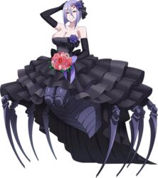  arachne arthropod_girl artist_request bare_shoulders black_dress black_gloves bouquet breasts carapace cleavage dress dress_flower elbow_gloves extra_eyes female flower game_cg gloves hair_between_eyes hair_flower hair_ornament holding holding_bouquet large_breasts looking_at_viewer monster_girl monster_musume_no_iru_nichijou monster_musume_no_iru_nichijou_online official_alternate_costume official_art pink_flower pink_rose pink_tulip purple_flower purple_hair purple_rose rachnera_arachnera red_eyes red_flower rose short_hair smile solid_eyes solo spider_girl taur transparent_background tulip 