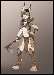  anthro axe ear_piercing ear_ring felid feline female hi_res lynx mammal mira_(spectronic) piercing ring_piercing solo spectronic tribal 