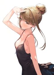  arm_up bare_shoulders black_dress breasts brown_eyes commentary_request dress expressionless female hair_bun idolmaster idolmaster_million_live! long_hair looking_to_the_side simple_background single_hair_bun sleeveless sleeveless_dress small_breasts solo tenkubashi_tomoka upper_body white_background yoropa 