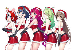  5girls absurdres alternate_costume animal_ears aqua_hair bare_shoulders black_gloves black_hair black_horns blue_eyes blue_hair breasts brown_eyes brown_hair ceres_fauna closed_mouth crop_top dasdokter demon_horns english_commentary from_side fur-trimmed_headwear fur-trimmed_skirt fur_trim gloves gradient_hair green_eyes green_hair grin hair_between_eyes hair_branch hakos_baelz hand_on_another&#039;s_waist hat highres holocouncil hololive hololive_english horns irys_(hololive) large_breasts long_hair looking_at_viewer mean_girls medium_breasts medium_hair midriff_peek mouse_ears mouse_girl mouse_tail multicolored_hair multiple_girls nanashi_mumei open_mouth ouro_kronii parody pink_hair pointy_ears purple_hair red_hair red_headwear red_skirt santa_costume santa_hat sharp_teeth simple_background skirt sleeveless smile streaked_hair tail teeth tree_horns virtual_youtuber white_background white_hair 