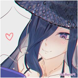  aoiabyss blue_hair blue_hat chromatic_aberration clorinde_(genshin_impact) commentary_request female genshin_impact hat highres long_hair purple_eyes smile solo sun_hat 