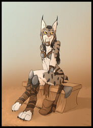  anthro axe black_border border ear_piercing ear_ring felid feline female hi_res lynx mammal mira_(spectronic) piercing pouch_(disambiguation) ring_piercing sitting solo spectronic tribal 