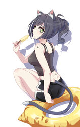  absurdres animal_ear_fluff animal_ears bare_arms bare_legs black_hair black_shirt black_shorts breasts cat_ears cat_girl cat_tail commentary dolphin_shorts drop_shadow female food green_eyes half_updo highres holding holding_food holding_popsicle innertube karyl_(princess_connect!) maxwelzy midriff nape popsicle princess_connect! shadow shirt short_shorts shorts shoulder_blades shoulder_tattoo simple_background sitting sleeveless sleeveless_shirt solo swim_ring tail tattoo white_background 