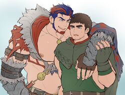  2boys absurdres arm_around_neck arm_belt arm_pouch bara bare_pectorals beard_stubble belly belt black_belt blue_hair bracer brown_belt brown_gloves cape collarbone crave_saga earrings facial_hair fingerless_gloves gary_(crave_saga) gloves green_cape green_gloves higemaccho highres jewelry looking_at_another male_focus mature_male multicolored_hair multiple_boys muscular muscular_male navel_hair necklace nipples open_mouth pectorals plump red_hair short_hair simple_background sleeveless stubble tesoro_(crave_saga) thick_eyebrows two-tone_beard two-tone_hair 