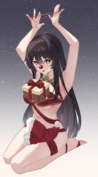  absurdres alternate_breast_size armpits arms_up bare_arms bare_shoulders barefoot black_hair bow bowtie box breasts candy_shunya commentary fake_nose female genshin_impact gift gift_box green_bow green_bowtie hair_down hat highres hu_tao_(genshin_impact) large_breasts long_hair navel no_headwear object_on_breast red_eyes red_hat red_ribbon ribbon santa_hat seiza sitting solo stomach thighs unworn_hat unworn_headwear very_long_hair 