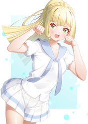  :d blonde_hair blush braid clenched_hands collarbone commentary_request cowboy_shot eyelashes female gasai_azusa green_eyes hands_up highres lillie_(pokemon) long_hair open_mouth pleated_skirt pokemon pokemon_sm ponytail ponytail_with_braided_base shirt short_sleeves skirt smile solo t-shirt white_shirt white_skirt 