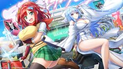  2girls arm_under_breasts asuka_(senran_kagura) asuka_(senran_kagura)_(cosplay) bare_legs black_thighhighs blue_hair breasts bridal_gauntlets cleavage cosplay dolphin_wave flag gauntlets green_eyes green_skirt hair_ornament hair_ribbon hairclip highres holding holding_sword holding_weapon japanese_clothes kimono large_breasts long_hair multiple_girls nayuki_hiori off_shoulder official_art ootomo_takuji pleated_skirt red_eyes red_scarf ribbon sakimiya_iruka scabbard scarf school_swimsuit senran_kagura sheath short_sleeves side_ponytail skirt swimsuit sword thighhighs weapon white_kimono wide_sleeves yumi_(senran_kagura) yumi_(senran_kagura)_(cosplay) 