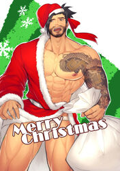  1boy abs alternate_costume arm_tattoo bara bare_pectorals beard beard_stubble black_hair christmas facial_hair feet_out_of_frame full_beard hanzo_(overwatch) hat highres hunterkay large_pectorals male_focus mature_male merry_christmas muscular muscular_male nipples overwatch overwatch_1 pectorals red_hat sack santa_costume santa_hat short_hair shy solo standing stomach stubble tattoo thick_eyebrows thick_thighs thighs 