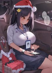  apple_watch belt black_hair black_skirt breasts brown_eyes car_interior cellphone christmas christmas_present closed_mouth collarbone collared_shirt duck_hair_ornament english_commentary english_text female gao_(gaolukchup) gift hat highres id_card lanyard large_breasts loogchoob_(gaolukchup) merry_christmas night office_lady original phone sample_watermark santa_costume santa_hat school_uniform shirt signature sitting skirt smartphone smartwatch smile solo thai_school_uniform watch watermark white_shirt wristwatch 