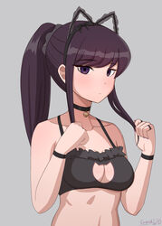  absurdres animal_ears bell black_bow black_bra black_choker black_eyes black_hair black_hairband bow bra bracelet breasts cat_cutout cat_ears cat_lingerie choker clothing_cutout fake_animal_ears female frilled_bra frills genki2d grey_background hairband highres jewelry komi-san_wa_komyushou_desu komi_shouko long_hair looking_at_viewer medium_breasts meme_attire neck_bell ponytail simple_background solo underwear 