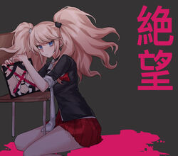  bear_hair_ornament black_choker black_shirt blood blue_eyes bow breasts brown_background choker cleavage cross danganronpa:_trigger_happy_havoc danganronpa_(series) enoshima_junko female hair_ornament highres hy_(fjvlg) iei medium_breasts miniskirt necktie pink_blood pleated_skirt red_bow red_skirt shirt short_sleeves simple_background skirt smile solo translation_request twintails white_necktie 