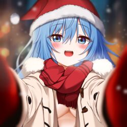  blue_eyes blue_hair blush breasts coat elie_wayne female fur-trimmed_coat fur-trimmed_headwear fur_trim hat jan_azure large_breasts long_hair long_sleeves looking_at_viewer meme naked_coat open_clothes open_coat open_mouth original pov_cheek_warming_(meme) red_headwear red_scarf santa_hat scarf smile upper_body white_coat winter_clothes winter_coat winter_gloves 