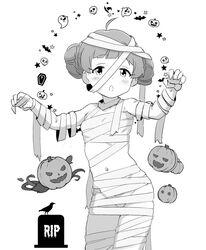  :o ahoge bandaged_arm bandaged_chest bandaged_head bandaged_leg bandages bat_(animal) bird blush claw_pose commentary cowboy_shot crow dot_nose double_bun female flat_chest ghost greyscale hair_bun hakozaki_serika halloween hands_up hat highres idolmaster idolmaster_million_live! jack-o&#039;-lantern looking_at_viewer midriff minazuki_tooru monochrome mummy_costume navel official_alternate_hairstyle panties pumpkin rest_in_peace_(phrase) skull solo star_(symbol) symbol-only_commentary thighs tombstone underwear white_background witch_hat 