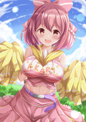  :d bare_shoulders belt blue_sky bow braid breasts brown_eyes clothes_writing cloud collarbone comiket_103 commentary_request day drawstring female hair_between_eyes hairbow highres holding hoshizaki_akari large_breasts looking_at_viewer navel ongeki outdoors pink_bow pink_hair pink_skirt pleated_skirt pom_pom_(cheerleading) purple_belt skirt sky smile solo striped striped_bow twin_braids xenon_(for_achieve) 