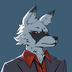  1:1 2023 anthro arctic_fox black_nose black_tipped_ears blue_background bust_portrait button_(fastener) canid canine cheek_tuft clothed clothing digital_drawing_(artwork) digital_media_(artwork) dress_shirt eyebrows facial_markings facial_tuft fluffy fox fur grey_clothing grey_eyebrows grey_suit head_markings hi_res hydr4nge4 inner_ear_fluff looking_down male mammal markings multicolored_body multicolored_fur neck_tuft portrait red_clothing red_dress_shirt red_eyes red_shirt red_topwear shirt simple_background solo suit suit_jacket topwear true_fox tuft vermill white_body white_fur white_inner_ear_fluff yellow_sclera 