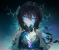  bare_shoulders black_hair blue_eyes breasts brooch chemical_structure chinese_clothes chinese_commentary cleavage dated dna double-parted_bangs dress female flower gloves green_dress green_gloves hair_between_eyes hair_flower hair_ornament honkai:_star_rail honkai_(series) jewelry kirituka_yuuka long_hair medium_breasts necklace parted_lips pearl_necklace red_brooch ruan_mei_(honkai:_star_rail) signature sleeveless sleeveless_dress solo upper_body 