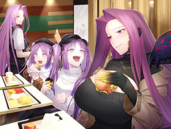  4girls blush breasts burger eating euryale_(fate) fate/grand_order fate/hollow_ataraxia fate/stay_night fate_(series) food forehead french_fries gorgon_(fate) huge_breasts large_breasts long_hair medusa_(fate) medusa_(rider)_(fate) minami_koyogi multiple_girls open_mouth parted_bangs purple_eyes purple_hair sidelocks small_breasts smile snake_hair stheno_(fate) twintails very_long_hair 