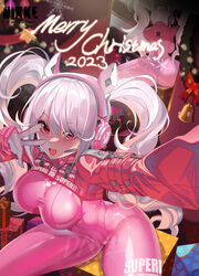  absurdres alice_(nikke) animal_ear_headphones animal_ears ass bodysuit breasts christmas cropped_jacket d.m._mo fake_animal_ears gloves goddess_of_victory:_nikke grey_hair headphones headset highres impossible_bodysuit impossible_clothes jacket latex latex_bodysuit long_hair medium_breasts mirror multicolored_clothes multicolored_gloves pantyhose pink_bodysuit pink_eyes pink_gloves pink_headphones red_jacket reflection shrug_(clothing) sidelocks skin_tight thighs two-tone_gloves white_gloves 