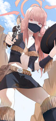  absurdres aiming aiming_at_viewer aru_(blue_archive) black_hat black_skirt blue_archive blunt_bangs commentary_request cowboy_hat demon_horns female gun halo hat highres holding holding_gun holding_weapon horns long_hair looking_at_viewer midriff miniskirt navel pink_eyes pink_hair revolver ryeon_(bluetom1) skirt solo weapon 