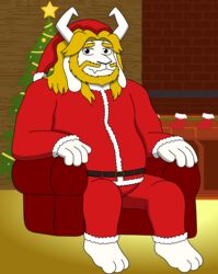  2023 3_toes absurd_res anthro asgore_dreemurr barefoot beard blonde_hair boss_monster_(undertale) bovid bovine caprine cel_shading christmas christmas_clothing christmas_headwear christmas_tree clothing facial_hair feet furniture goat hair hat headgear headwear hi_res holidays horn male mammal on_sofa plant reggie_rakun santa_hat shaded sitting sitting_on_sofa sofa solo star toes tree undertale undertale_(series) 